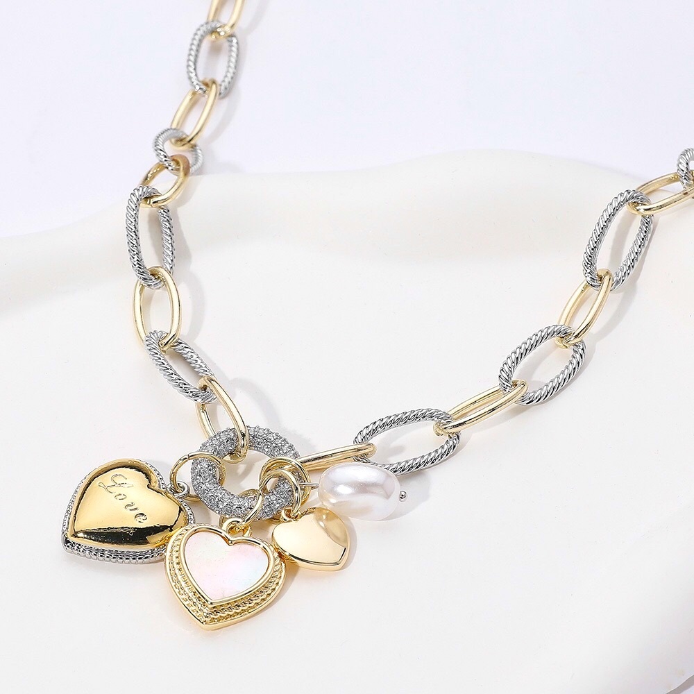 14K Gold Plated CZ Stone Paved 3 Heart Pendant Chain Statement Necklace
